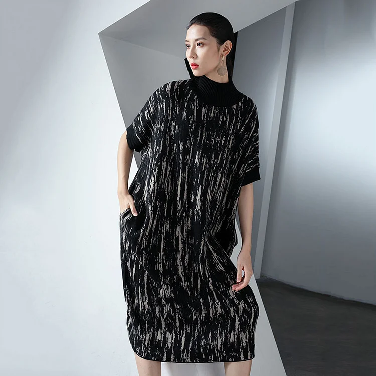 Warm Wool Jacquard High Collar Midi Dress