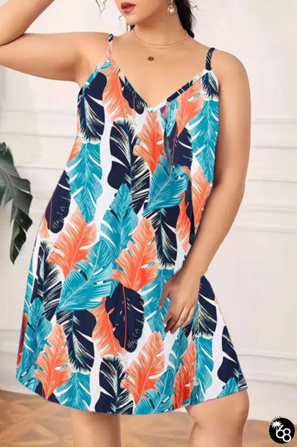 Blue Sexy Living Print Backless Spaghetti Strap Sleeveless Dress Plus Size Sleepwear | 168DEAL