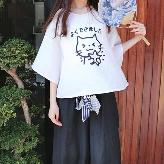 White/Navy Kawaii Cat Loose Shirt SP1710487