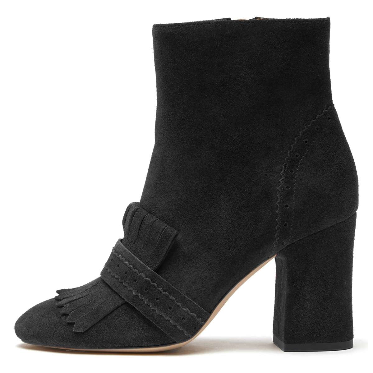 Black Suede Fringe Chunky Heel BootsFSJshoes