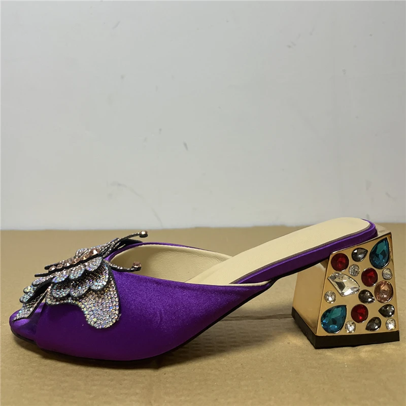 TAAFO Rhinestone Square Heel Mules Satin Slingbacks Diamond Crystal Butterfly-Flower Sandals Women