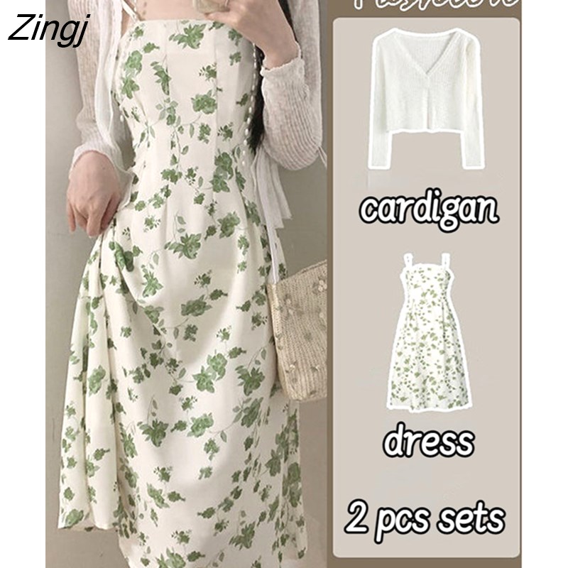 Zingj Style Sets Women Gentle Cozy Chic Cardigan Print Vintage Midi Dress Elegant Streetwear