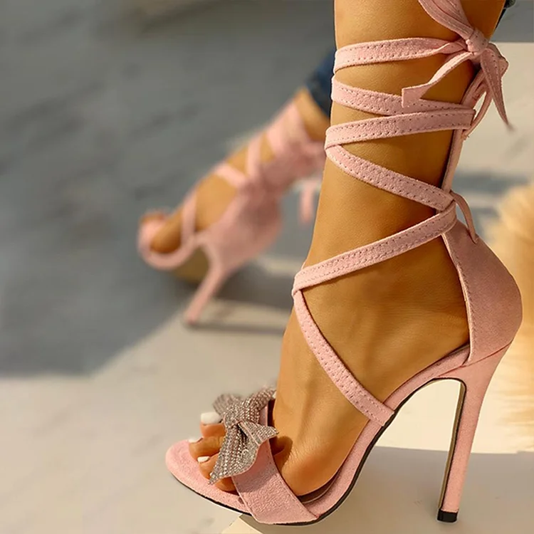 Pink Vegan Suede Strappy Heels Rhinestone Bow Stiletto Heel Sandals |FSJ Shoes