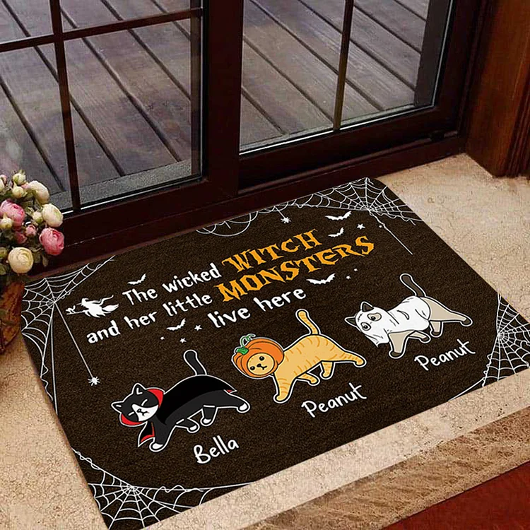 Personalized Halloween Doormat with 3 Names Home Decor "Wicked Witch And Monster Cats Live Here"