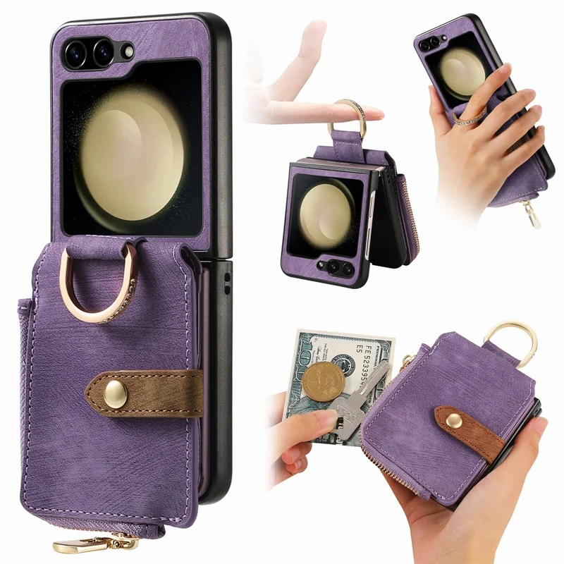 Retro Leather Wallet Phone Case With 2 Cards Slot,Zipper Slot,Finger Ring For Galaxy Z Flip3/Z Flip4/Z Flip5