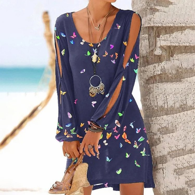 Butterfly print deep V-neck ripped sleeve dress