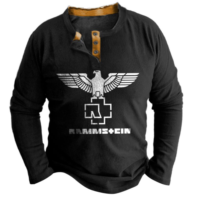 Men's Rammstein Rock Band Print Henley Long Sleeve T-Shirt / TECHWEAR CLUB / Techwear