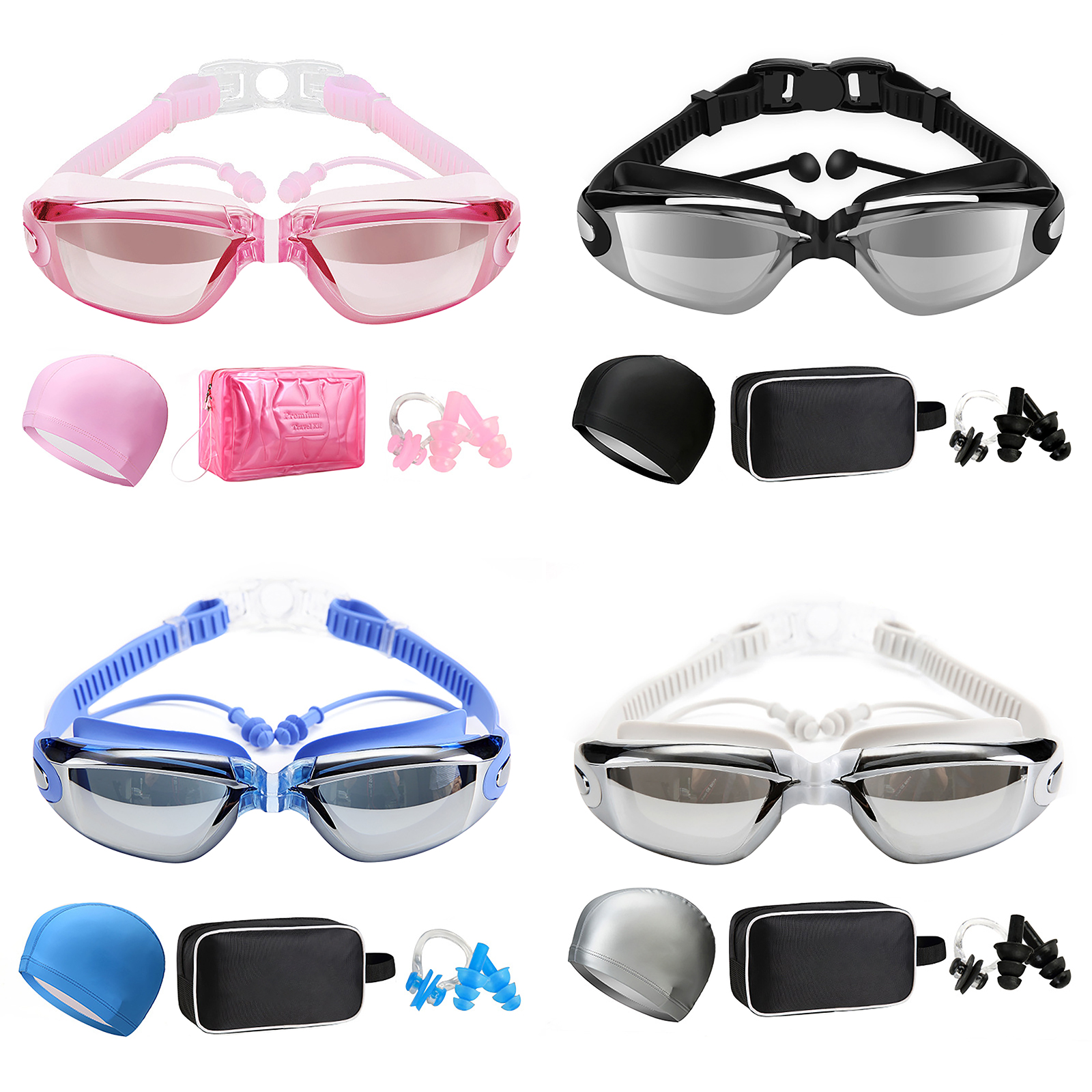 5 Piece Swimming Gear Set 5-in-1 Goggles with Cap Earplugs Nose Clip & Bag, Black plating flat light set, 501 Original
5 Piece Swimming Gear Set 5-in-1 Goggles with Cap Earplugs Nose Clip & Bag, Black plating flat light set, 501 Original