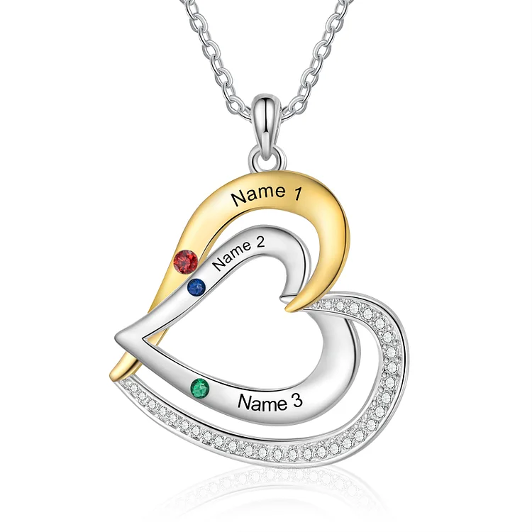 Collar de corazón de plata 925 con 3 nombres y piedras de nacimiento personalizado