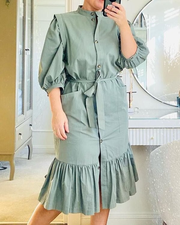 Plus Size Casual Shirt Long Sleeve Solid Slim Fit Crew Neck Dress - Chicaggo