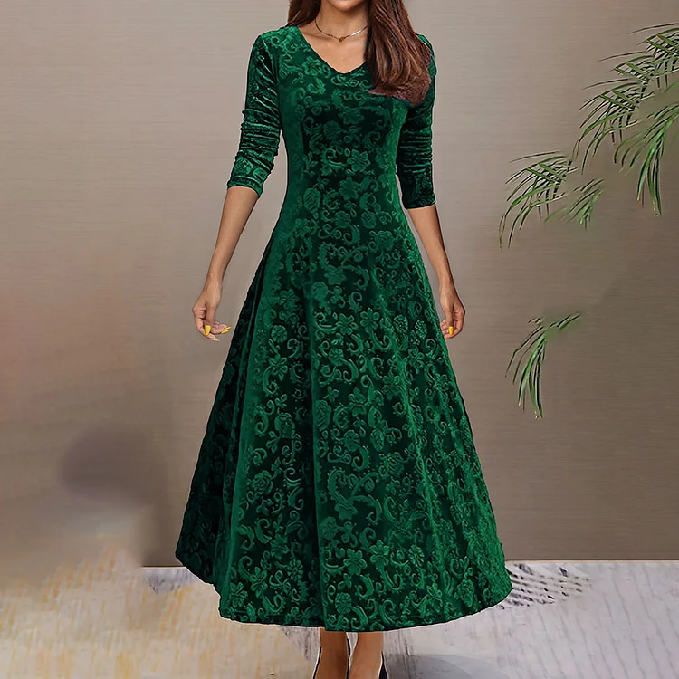 Women's Allover Pattern V Neck Slim A-line Midi Dress