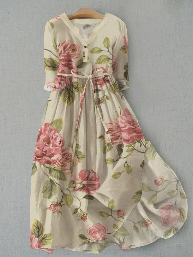 Women's Vintage Botanical Floral Print Pocket Lace-Up Dress