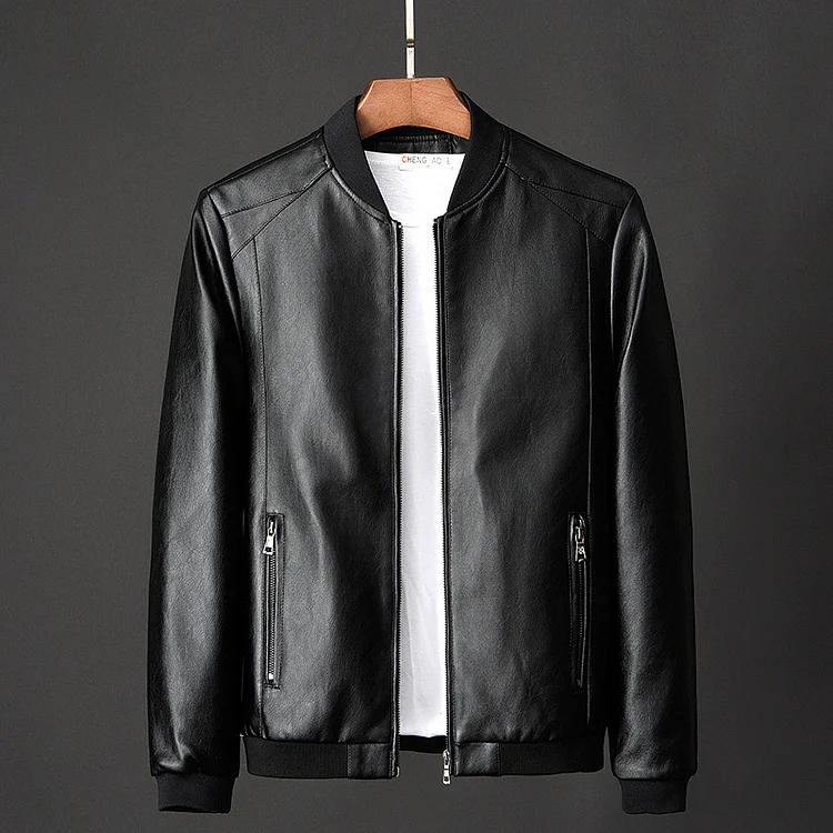 Men's Casual Stand Collar Full Zip PU Leather Solid Jacket