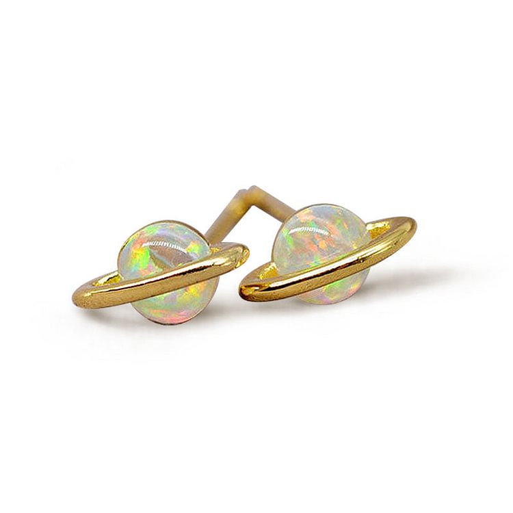 White Fire Opal Planet Stud Earrings