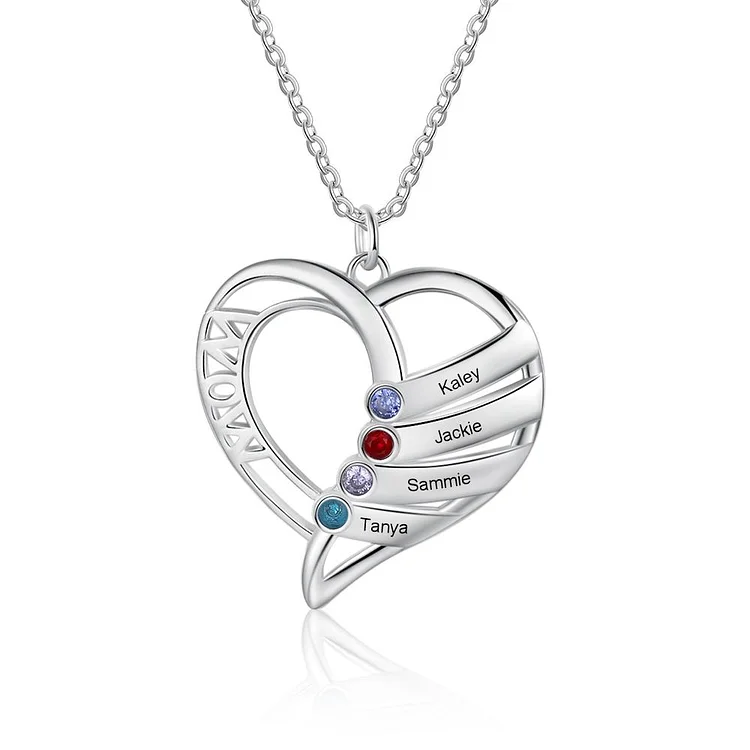 Mom Necklace Personalized with 4 Stones Engraved 4 Names Heart Charm Gifts for Her
