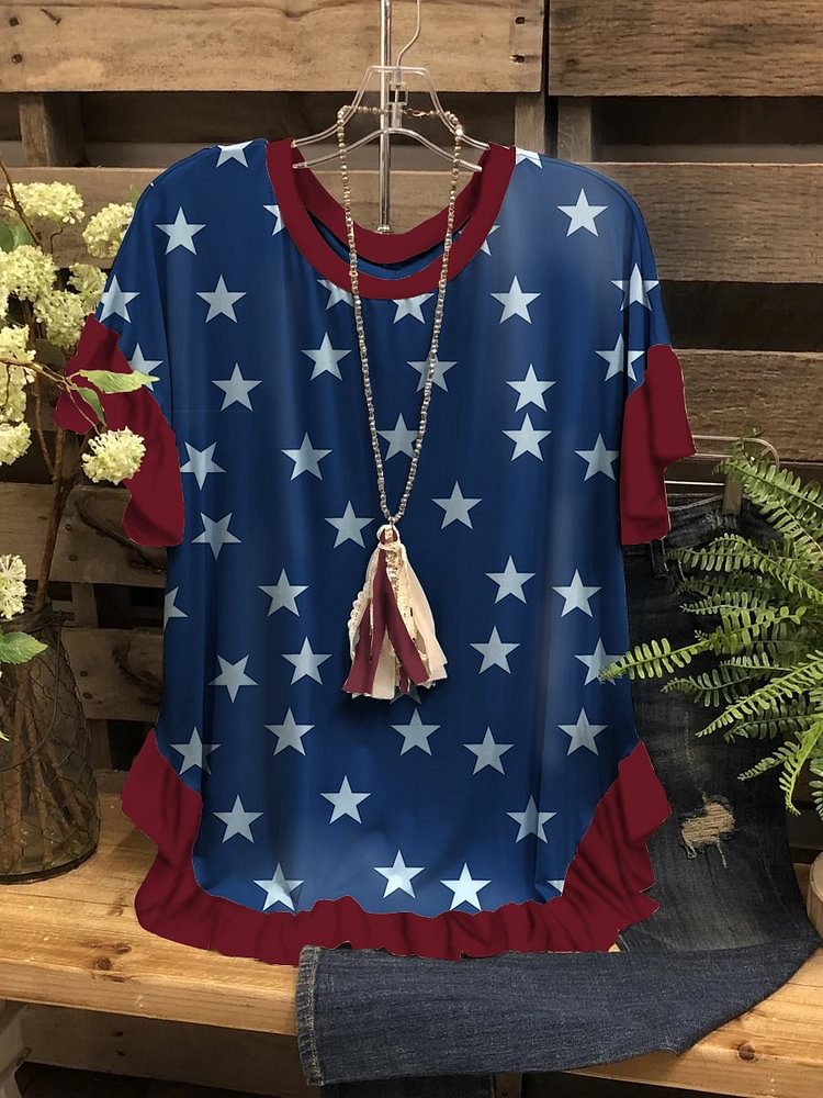 Bestdealfriday American Flag Five Pointed Star Contrast Color Top