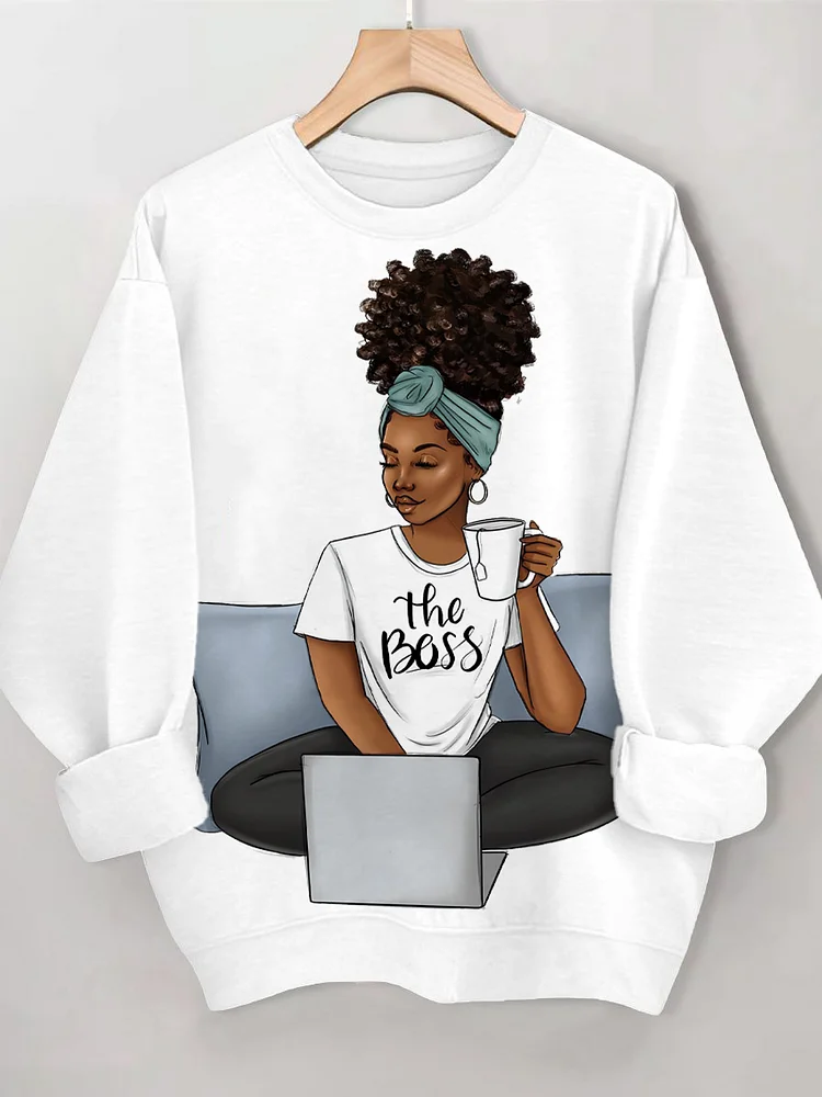 Women's Afro Sofa Girl Illustration Print Cotton Long Sleeve T-Shirt Thin Sweatshirt
