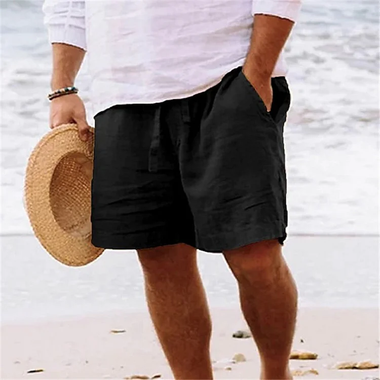 Men's Casual Solid Elastic Waist Drawstring Pocket Loose Linen Shorts