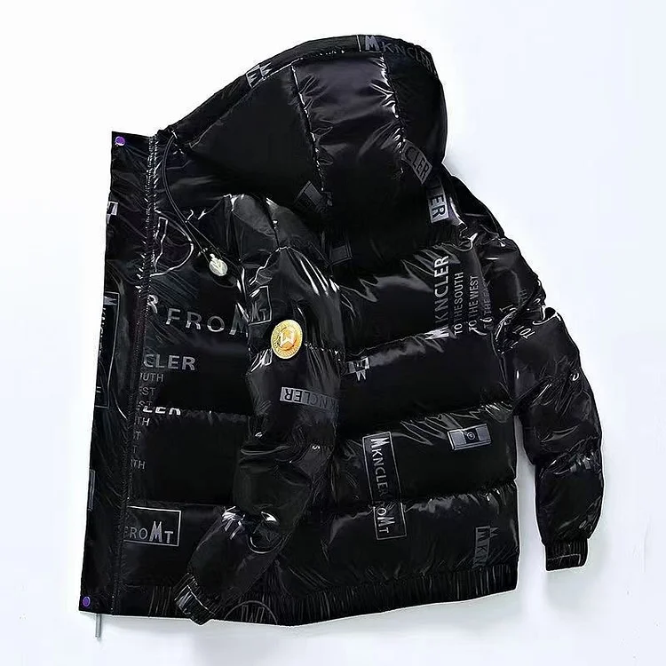 Men's Puffer Jacket Casual Letter Pattern Zipper Pocket Hooded Down Jacket