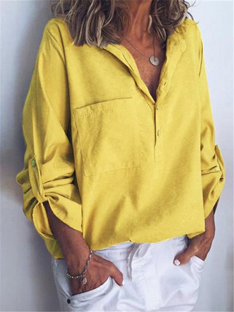 Chic Solid Color V Neck Pockets Long Sleeve Blouse P1531505