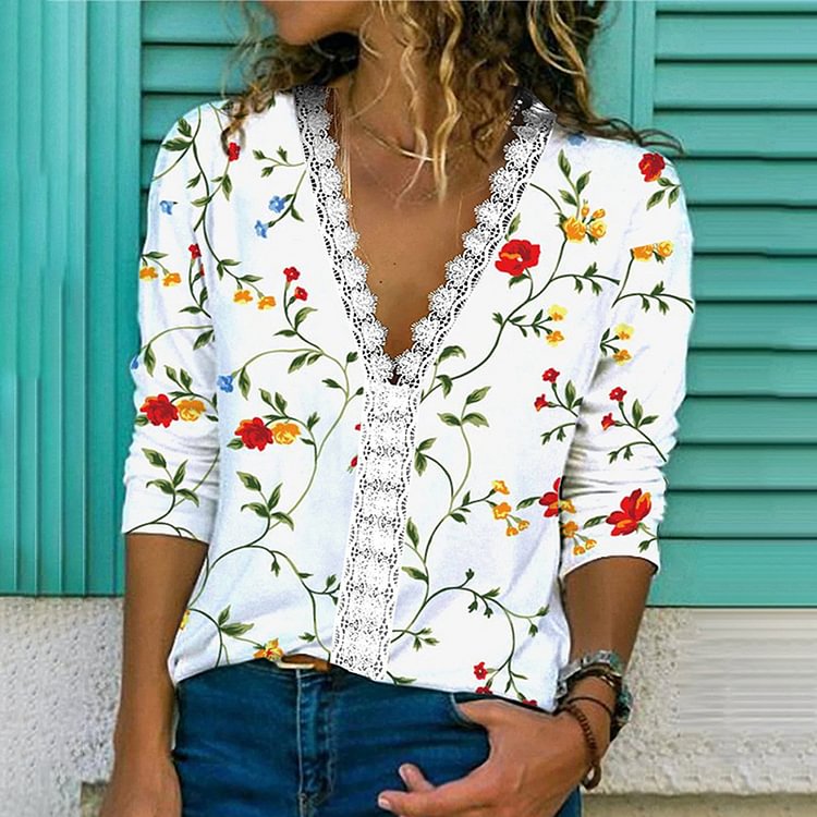 Comstylish Patchwork Lace Floral Printed Women's Long Sleeve T-Shirt