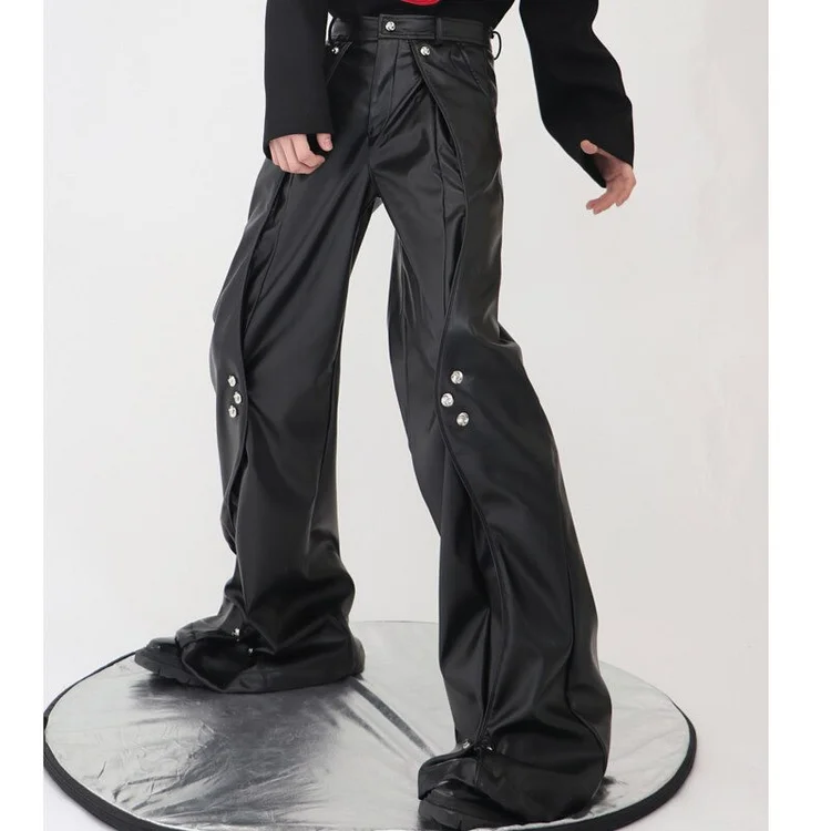 Cool Black Rivet Pleated PU Leather Wide Leg Pants  