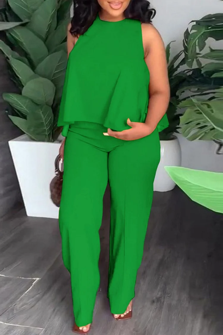 Green Casual Solid Basic O Neck Plus Size Two Pieces