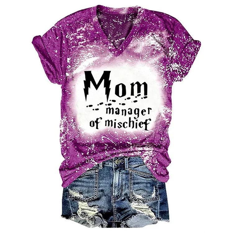 Comstylish Women's Mother's Day Tie-Dye Print V-Neck T-Shirt