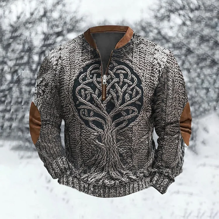 Men's Celtic Viking Tree Of Life Style Jacquard Knit Zip Sweatshirt