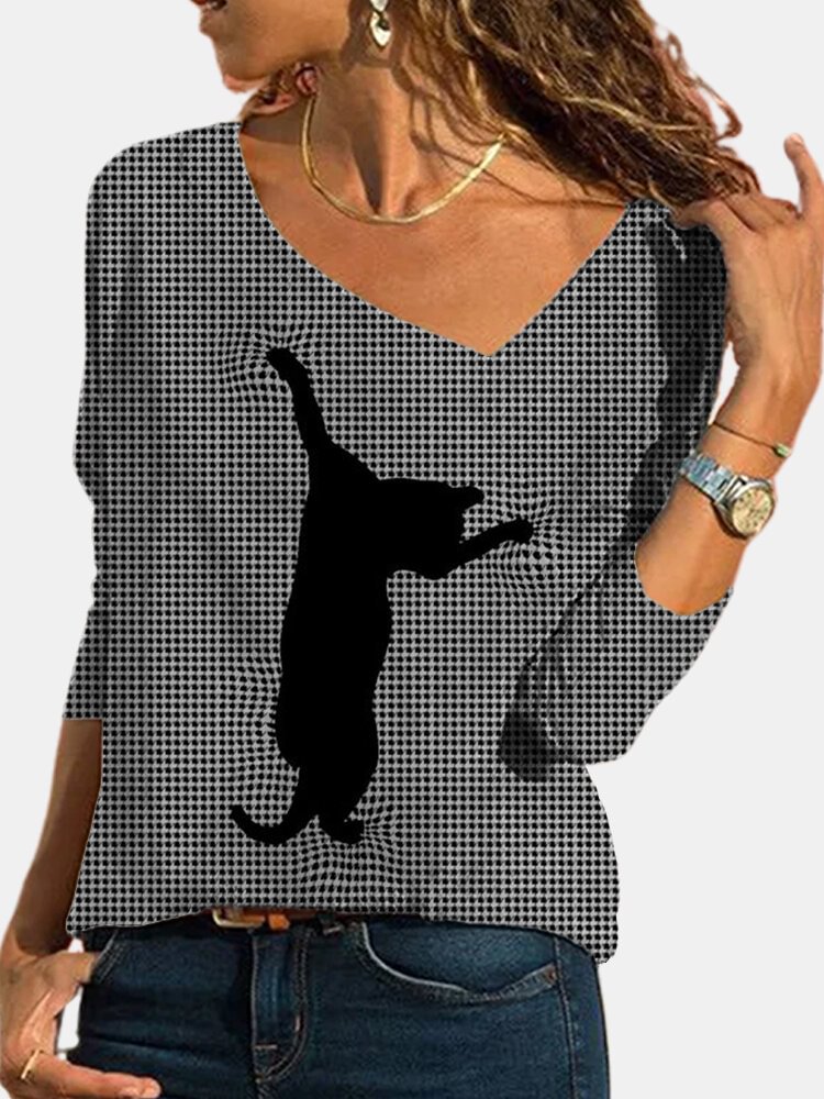 Cat Plaid Printed Long Sleeve Asymmetrical T shirt For Women P1768091