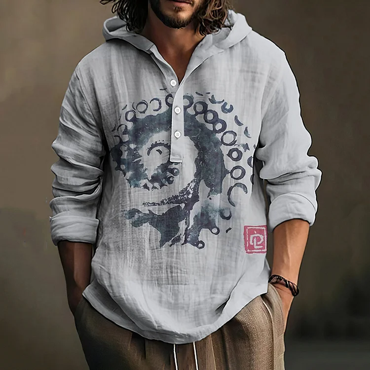 Comstylish Japanese Art Octopus Printed Linen Blend Hoodie