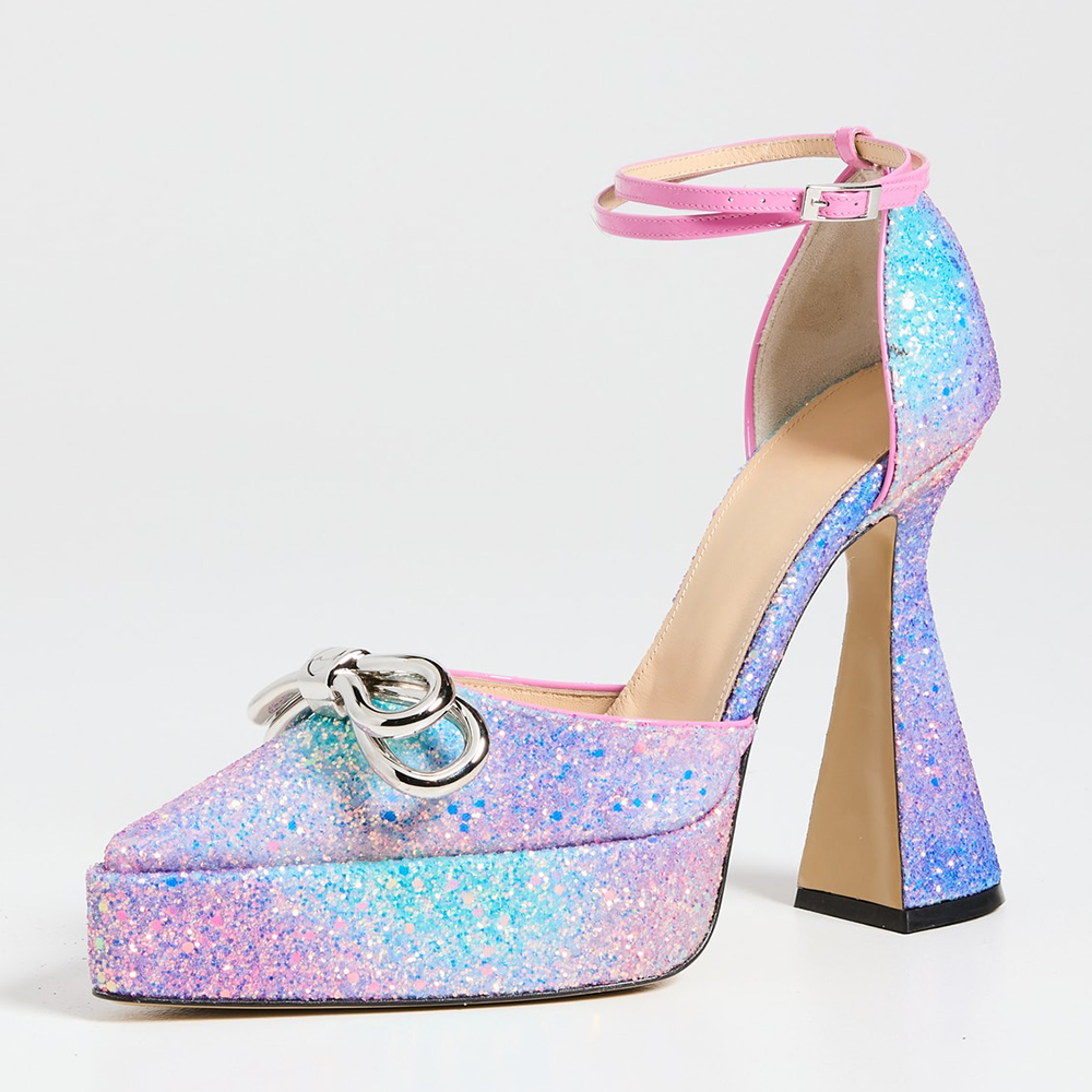 Multi Color Glitter Platform Ankle Strap Pumps Heels with Bow Decor