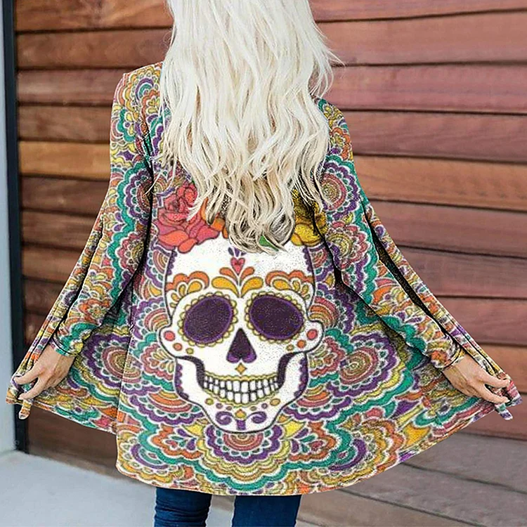 Vefave Casual Mandala Skull Print Cardigan