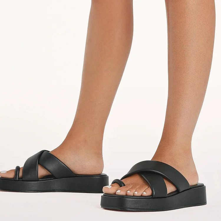Black Cross Strap Flat Mules Platform Toe Ring Slide Sandals |FSJ Shoes