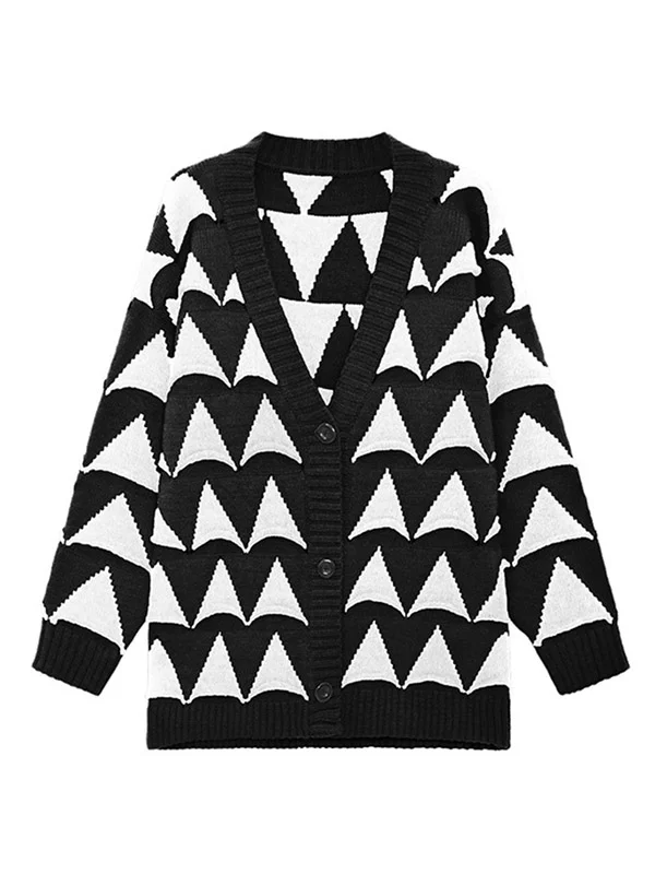 Original Geometric Contrast Color Buttoned V-Neck Long Sleeves Cardigan Top