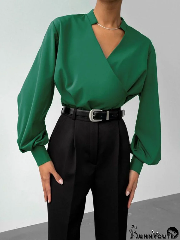 Urban Solid Color Puff Sleeve V-Neck Blouse Top
