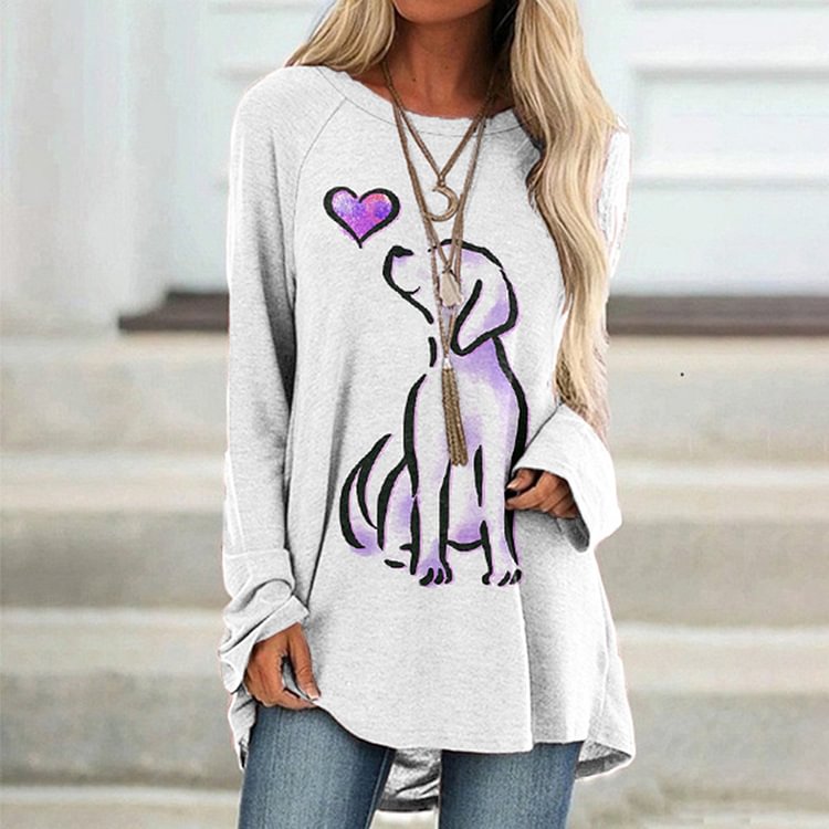 Vefave Simple Dog Print Crew Neck Long Sleeve Tunic