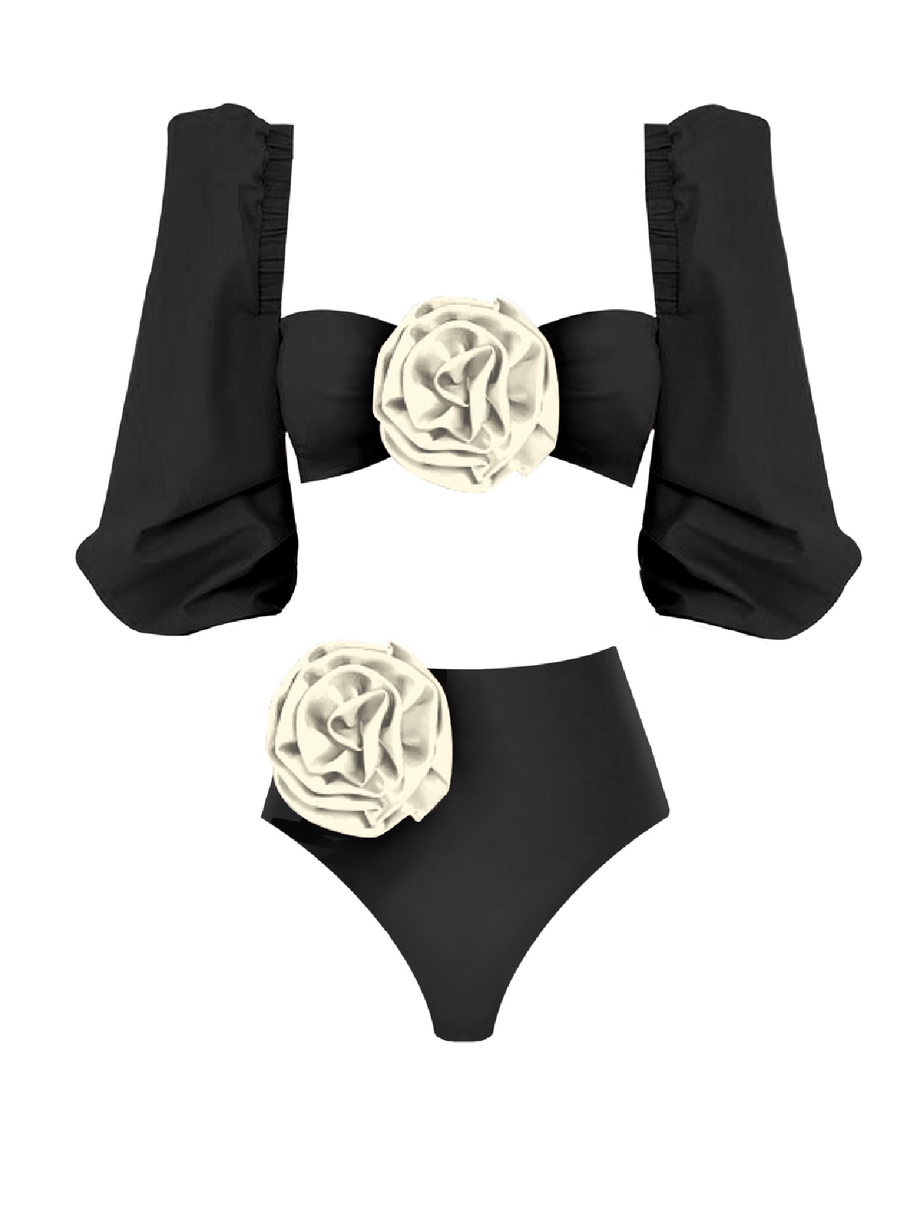 D Flower Solid Long Sleeve Bikini Set