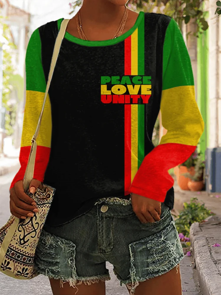 Vefave Reggae Contrast Stripe Print Crewneck T Shirt