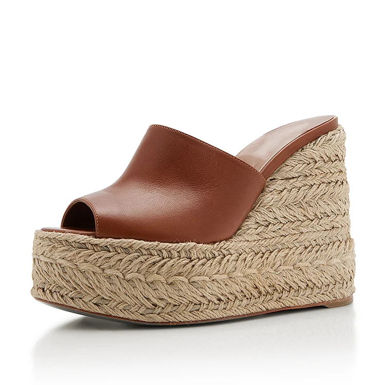 Vintage Brown Platform Mules Peep Toe Wedge Espadrille Sandals |FSJ Shoes