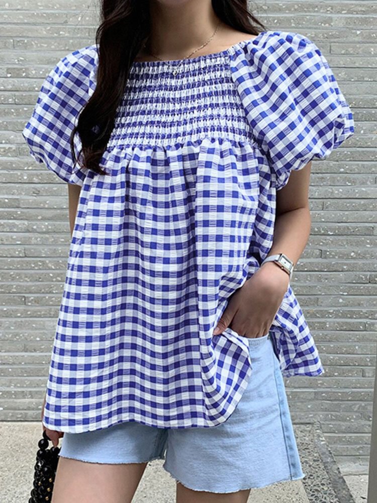Puff Short Sleeve Plaid Print Loose Women Blouse P1856337