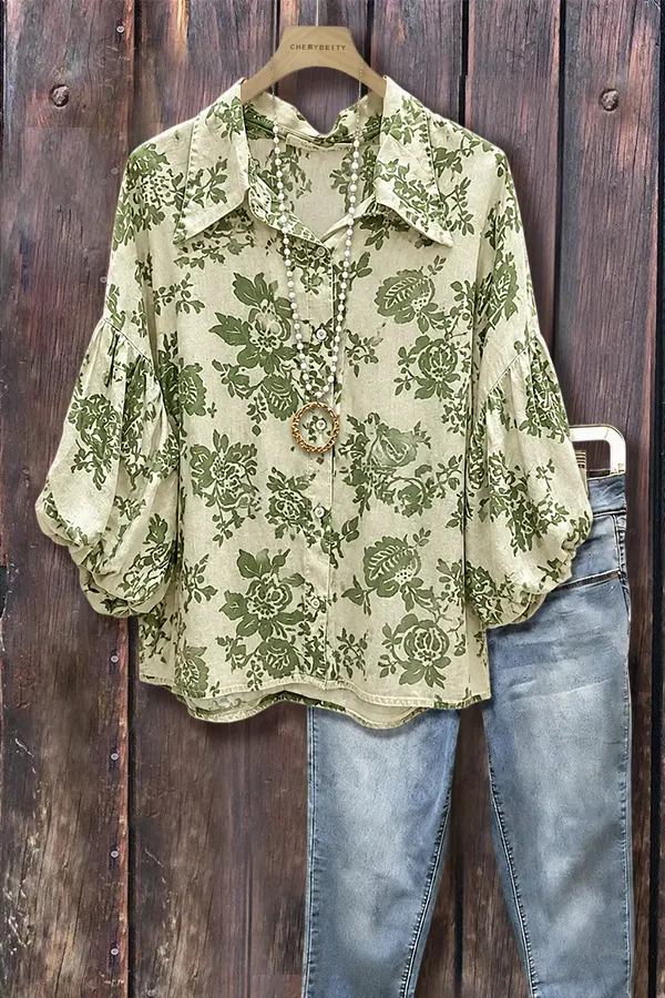 Vintage Floral Print Button Down Three Quater Bubble Sleeve Top