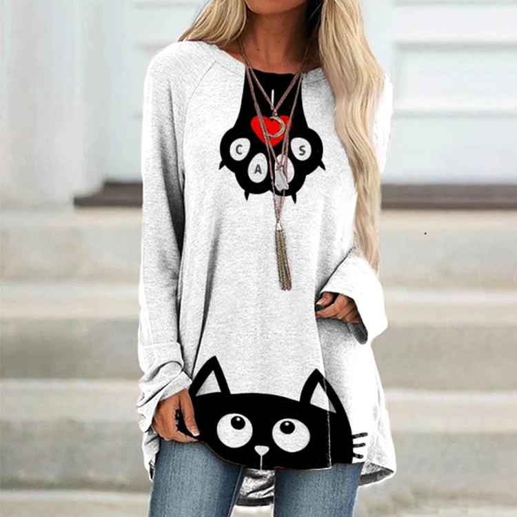 Vefave Casual Love Cat Print Long Sleeve Tunic