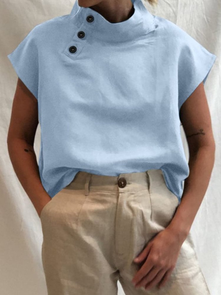 Solid Color Button Stand Collar Casual Blouse