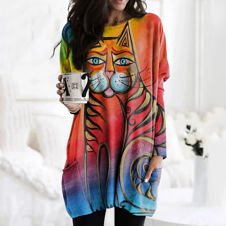 Vefave Rainbow Cat Print Casual Long Sleeve Tunic