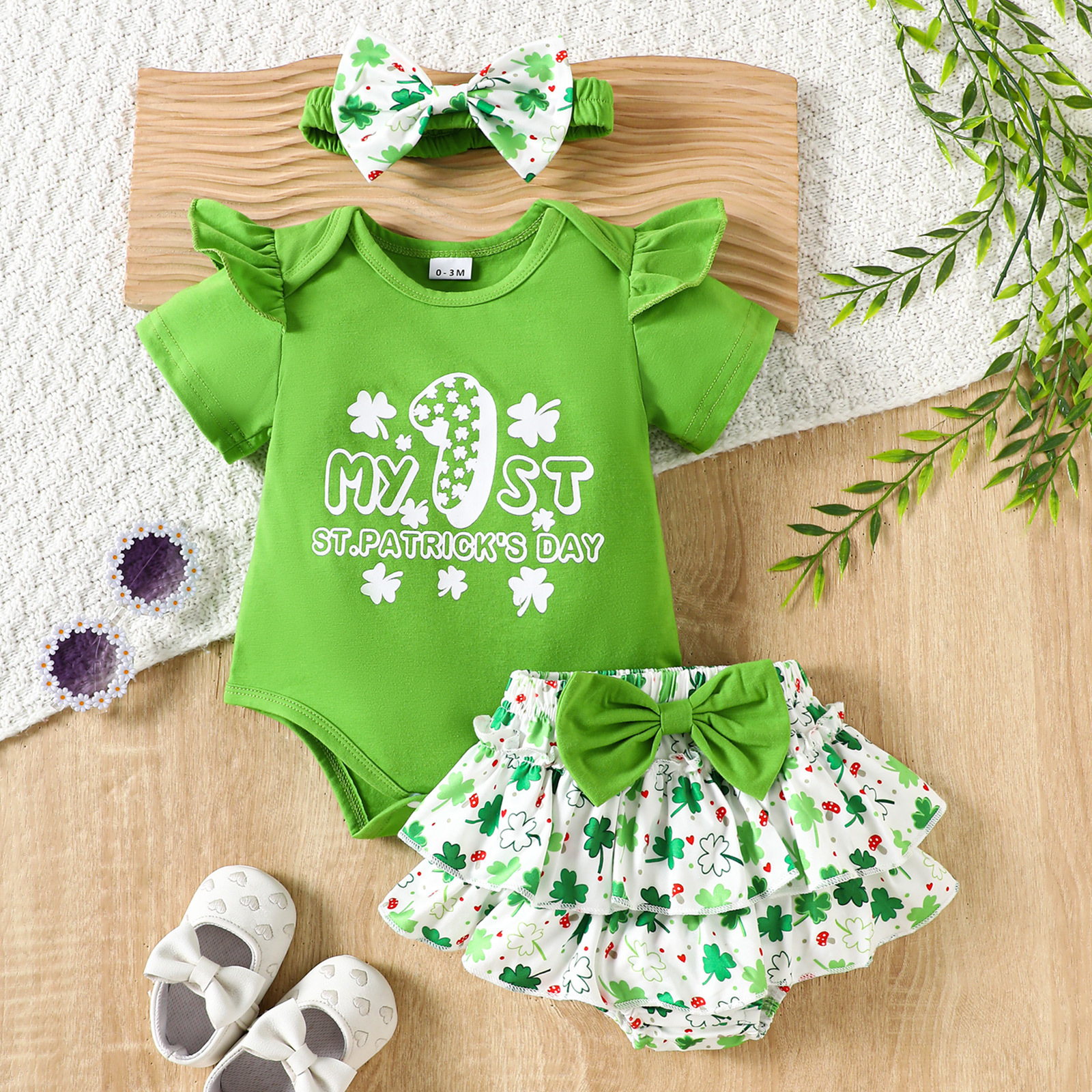 【0M-18M】Girls' Stylish Clover Letter Print Bodysuit Set