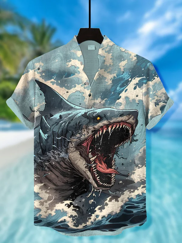 Men's Great Waves Shark Monster Print Short Sleeve Shirt