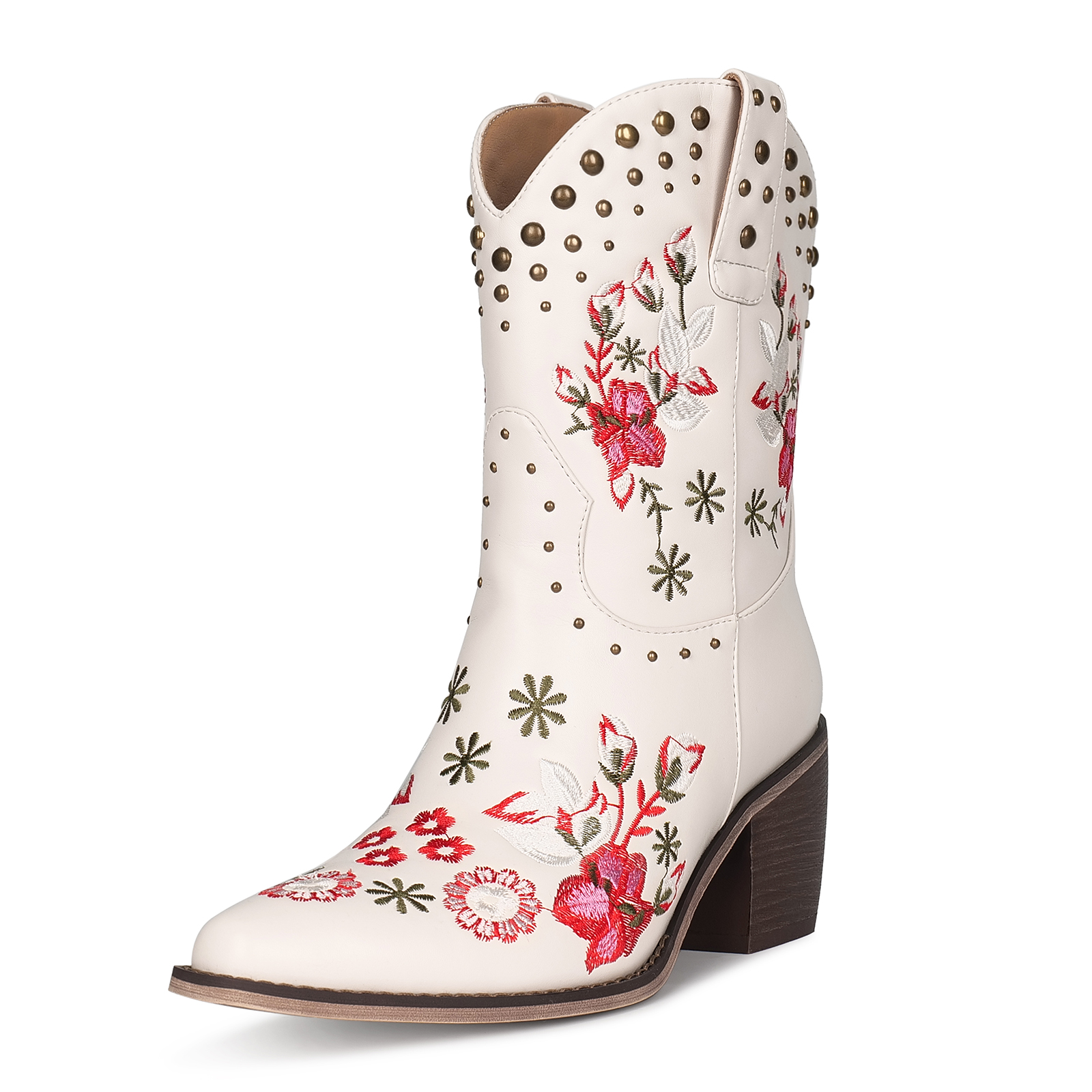 TAAFO Vintage Studded Floral Snip Toe Western Boots Chunky Heel Fancy Girls Ankle Boots Cowboy Boots With Rivets