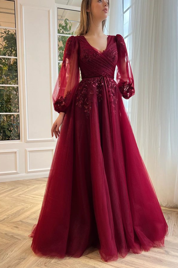 Bellasprom Burgundy Long Sleeves Prom Dress V-Neck Tulle With Appliques Bellasprom
