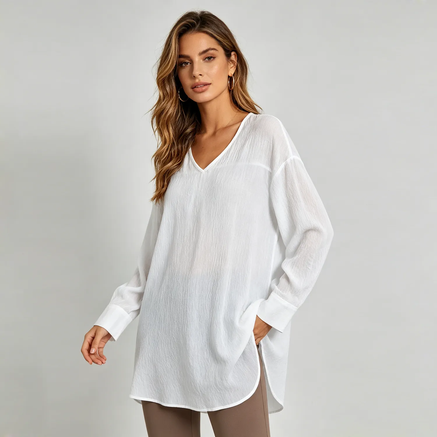 100% Silk Blouse Sun Protection V-Neck Semi-Sheer Lightweight For Women REAL SILK LIFE